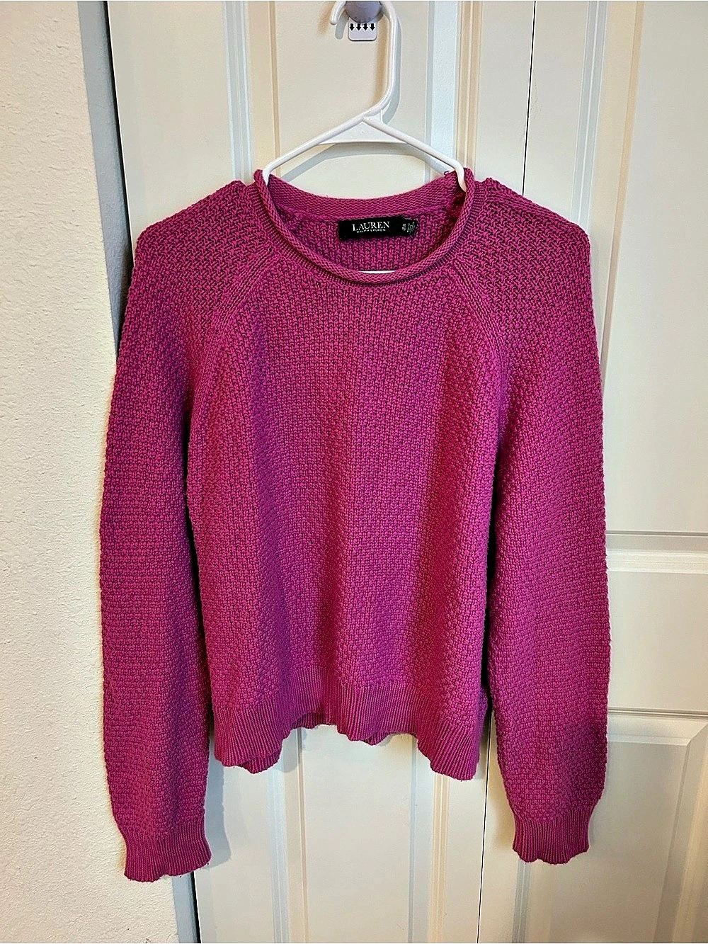 Lauren Ralph Lauren Magenta Pink Textured Knit Raglan Crewneck Sweater